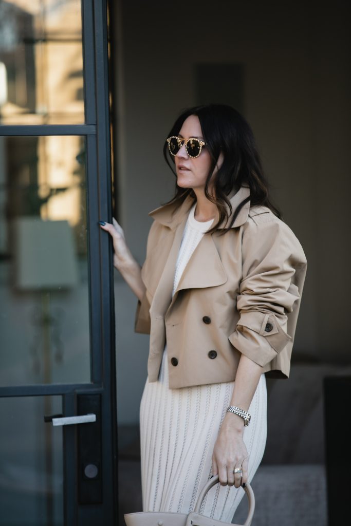 knit dress and cropped trench coat