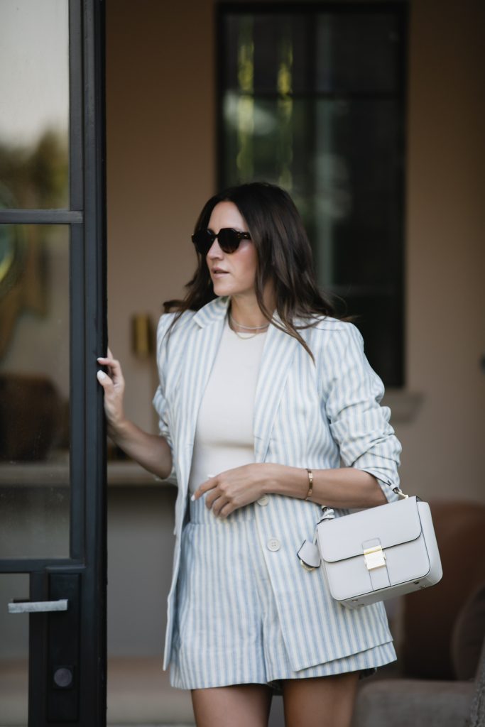 Striped Blue Shorts Set Blazer Outfit