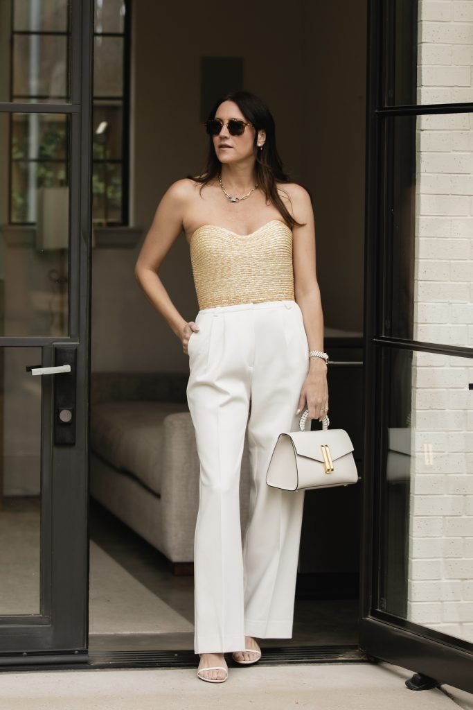 White Trousers and Woven Top Outfit