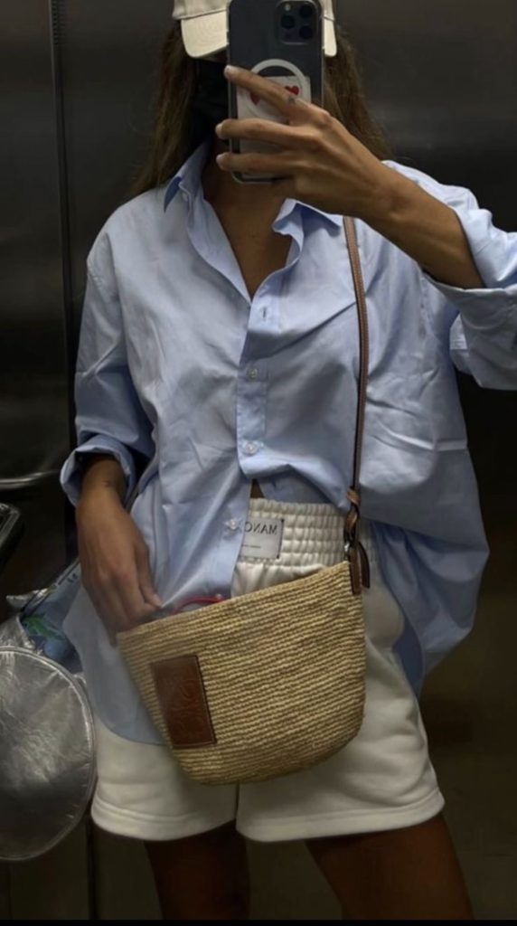 White Shorts and Blue Button Down Outfit idea