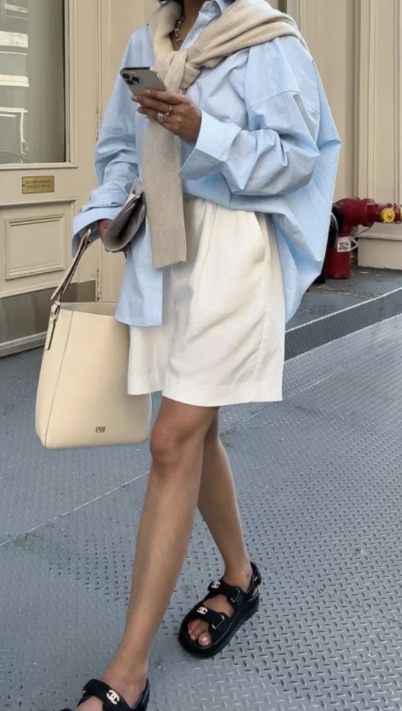 White Shorts and Blue Button Down Outfit idea