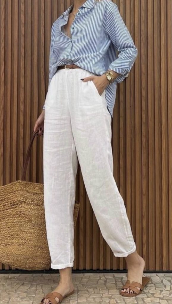 May Outfits inspiration to recreate - Blue button down Outfits and white pants