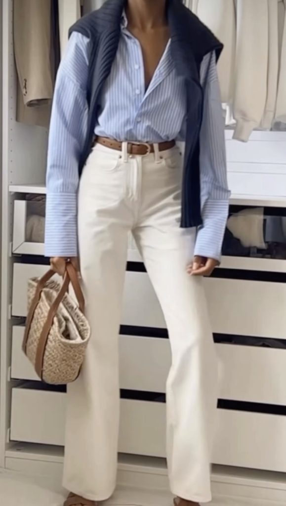 May Outfits inspiration to recreate - Blue button down Outfits and white wide-legged pants