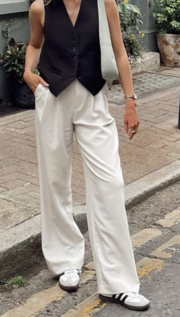 May Outfits inspiration to recreate - White Pants and black Vest 