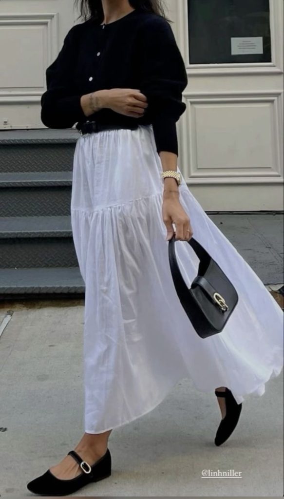 May Outfits inspiration to recreate - White Skirt and black sweater