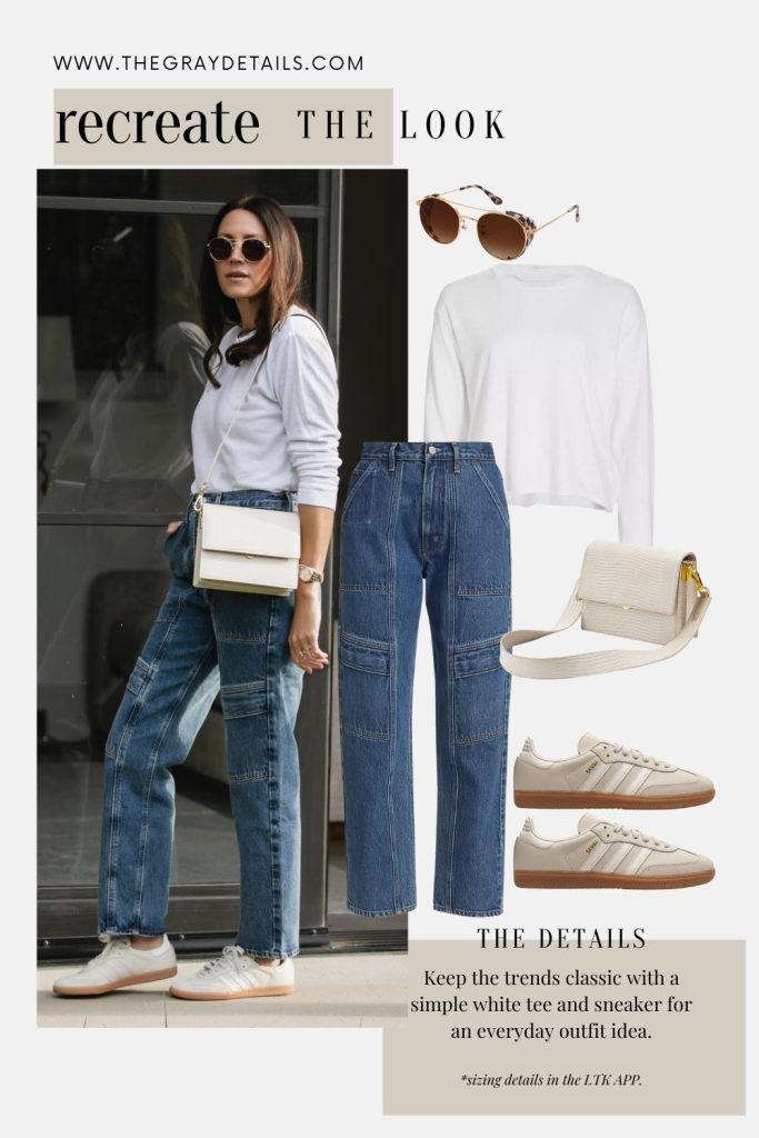 Blue Cargo Jeans and White Longsleeve Tee Outfit Idea