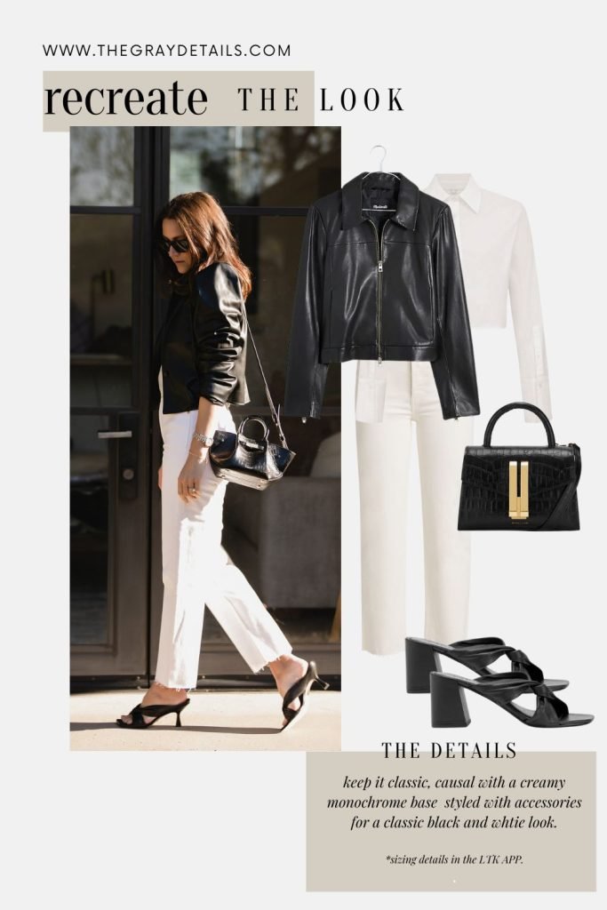 White Jeans and Black Leather Jacket Outfit Idea
