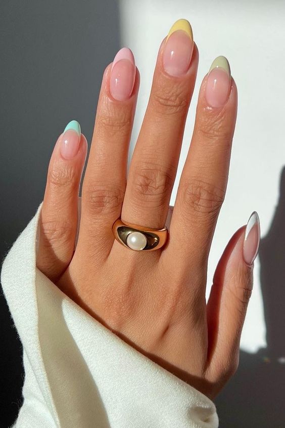 multi color pastel french tip nails | Spring French Tip Nails