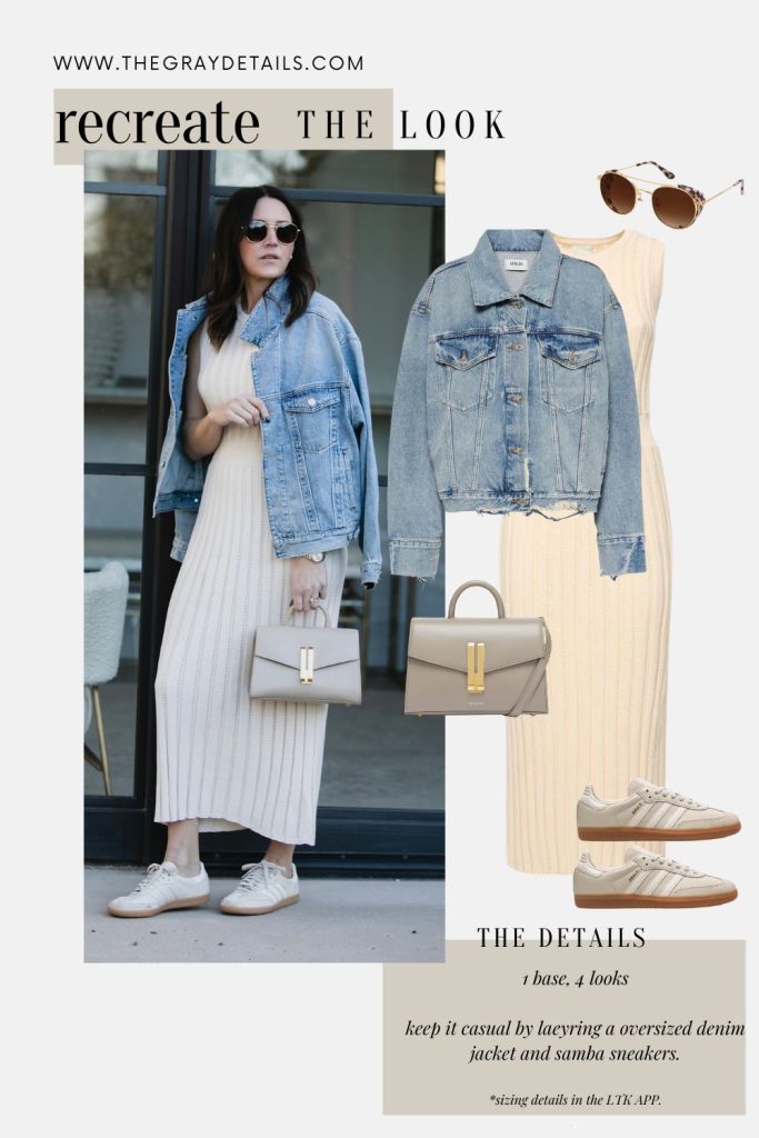 Jean Jacket and Cream Knit Dress Outfit
