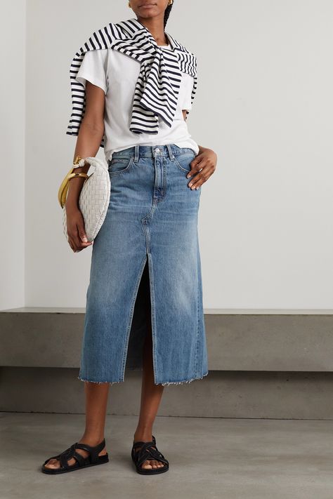 denim midi skirt and stripes