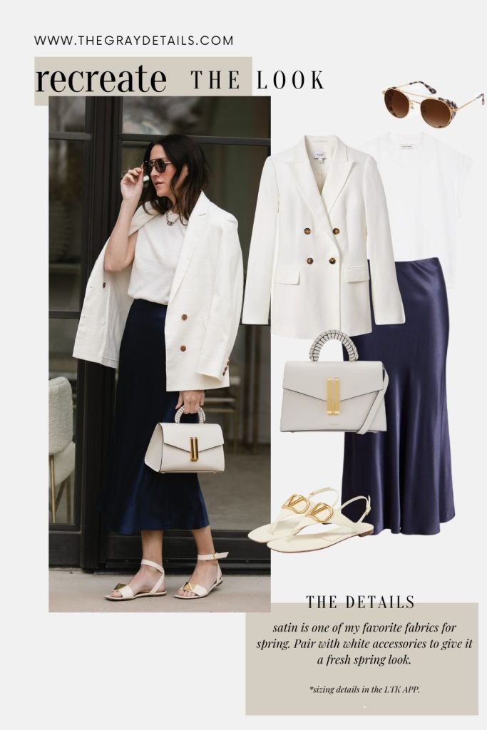 Navy Slip Skirt and White Blazer Outfit | Spring Neutral Outfits