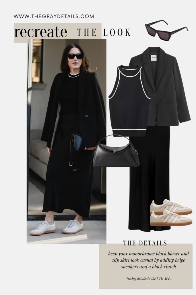 Monochrome Black Blazer and Slip Skirt Outfit