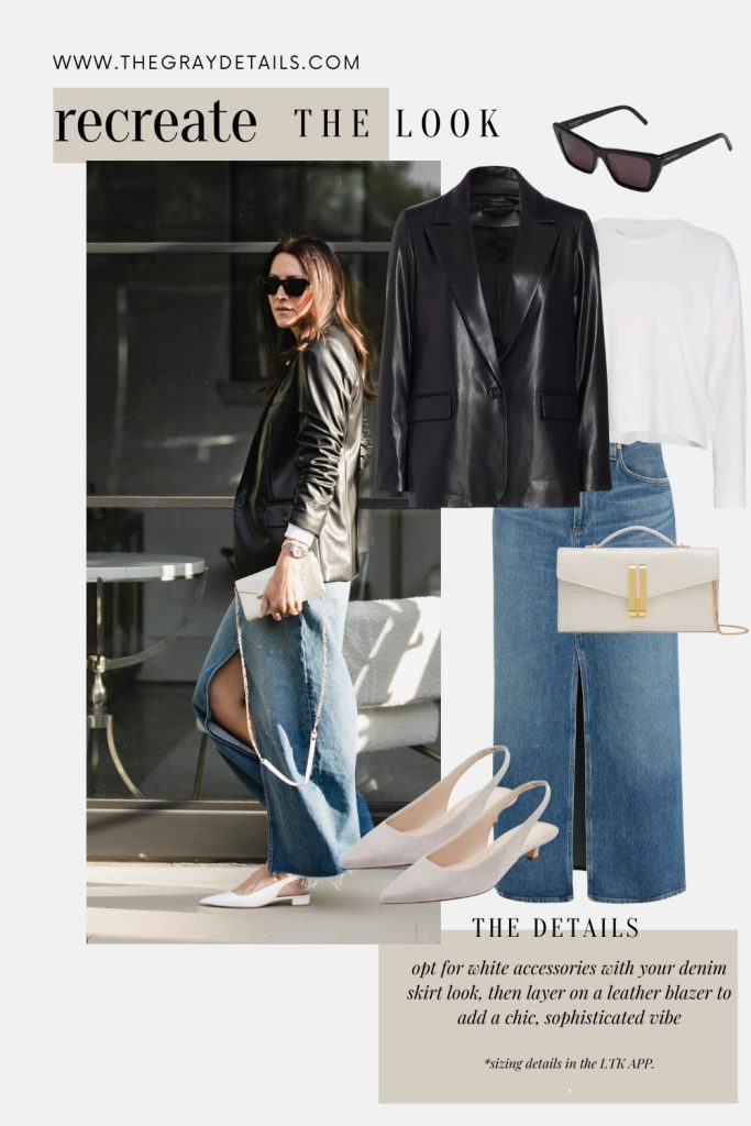 Denim Skirt and Leather Blazer Outfit | Spring Neutral Outfits