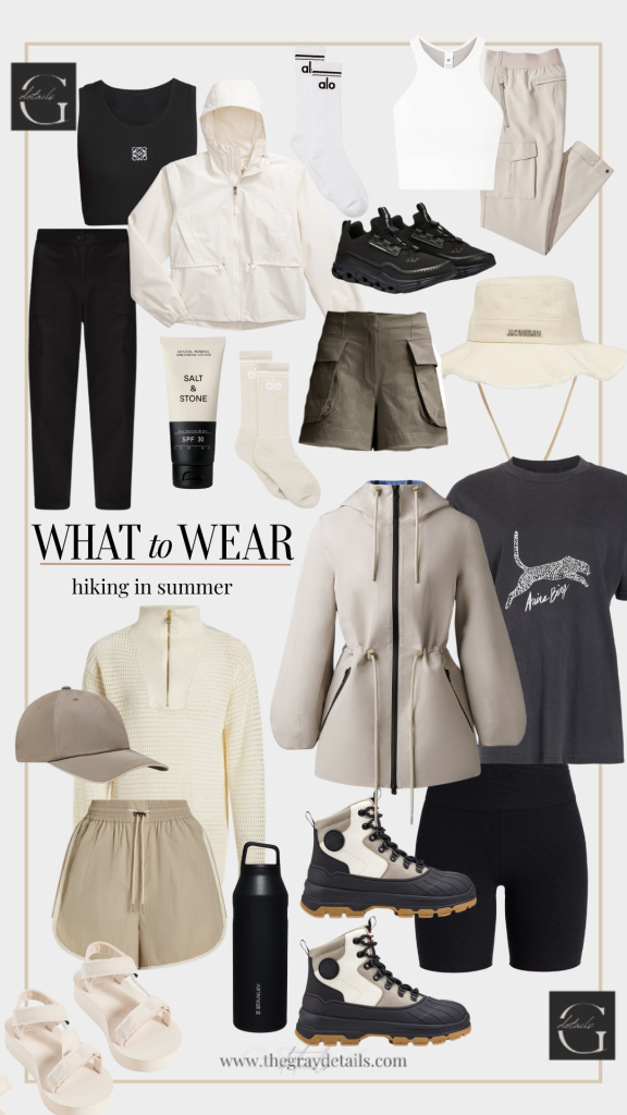collage of clothing items for What to Wear Hiking in Summer