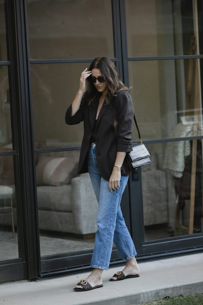 Blazer and jean outfits for spring by The Gray Details blogger Amanda Baker: Brown Blazer + Jeans + Sandals