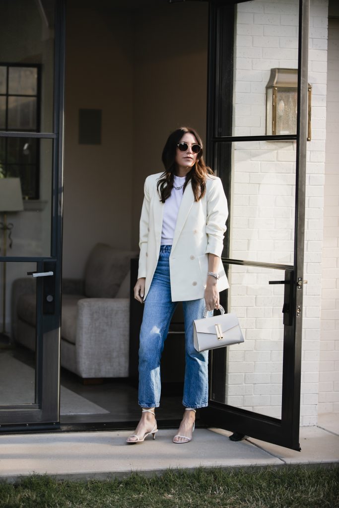 Blazer and jean outfits for spring by The Gray Details blogger Amanda Baker: Cream Blazer + shirt + Jeans + Heels Outfit
