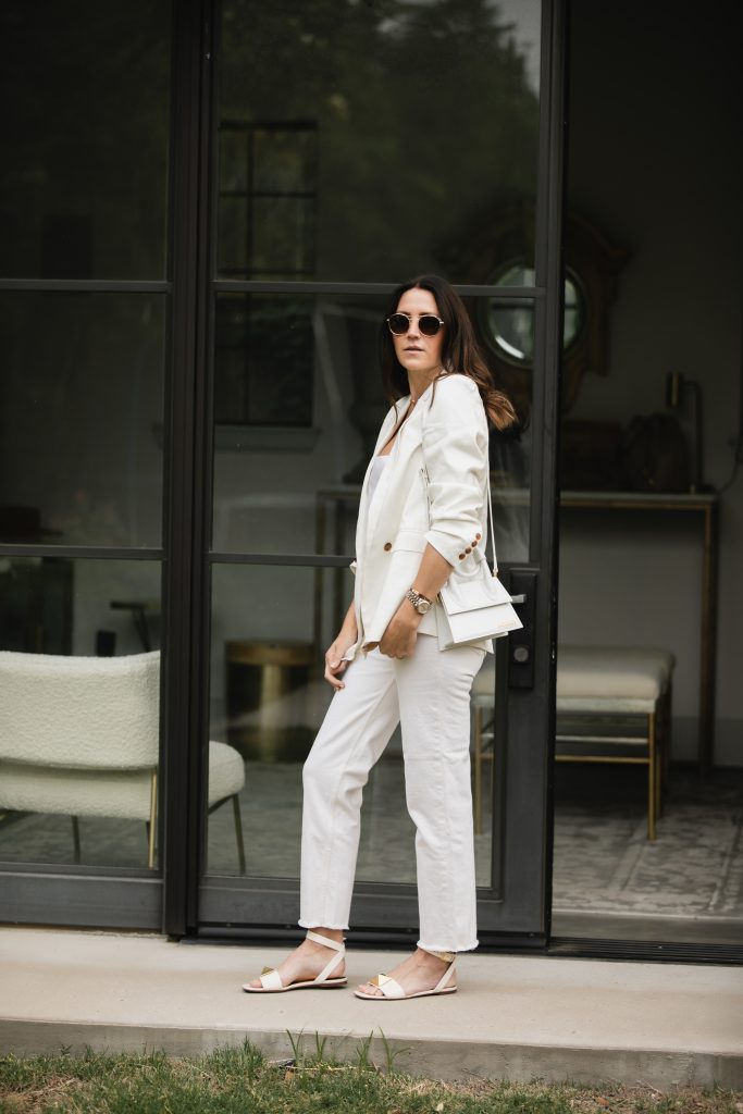 White Blazer + White Jeans Monochrome Outfit by The Gray Details blogger Amanda Baker