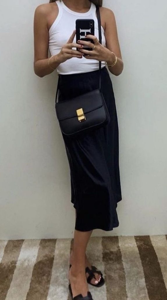 Simple Black Slip Skirt Outfits