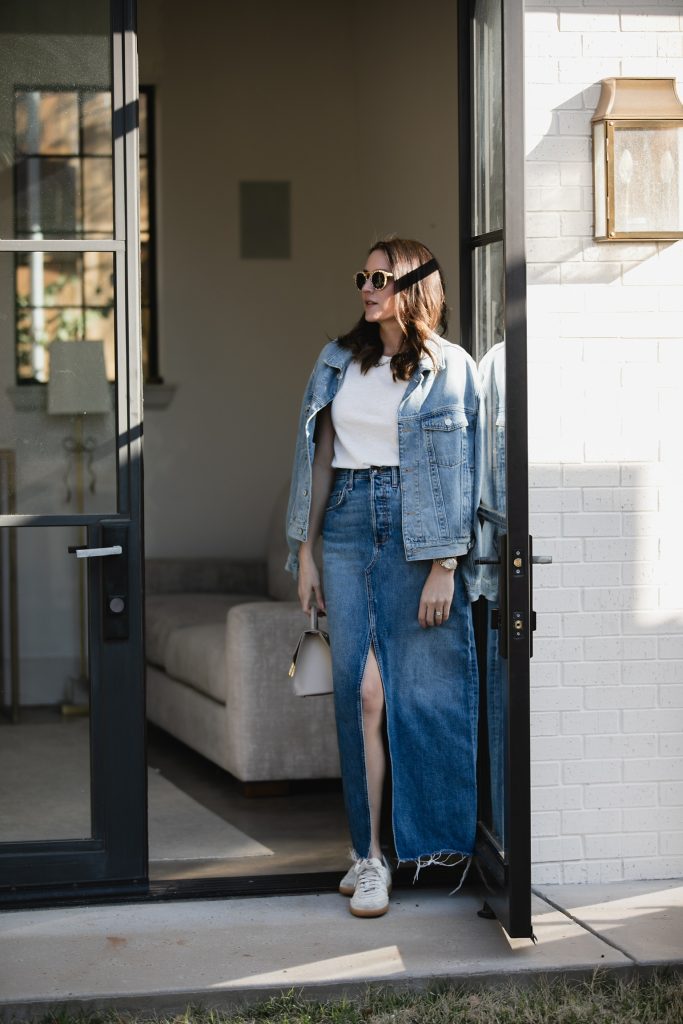 denim skirt spring brunch outfits