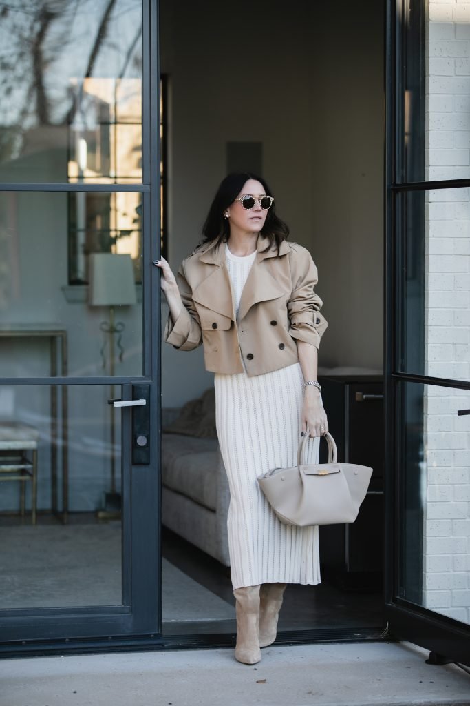 KNit dress and cropped trench outfit idea