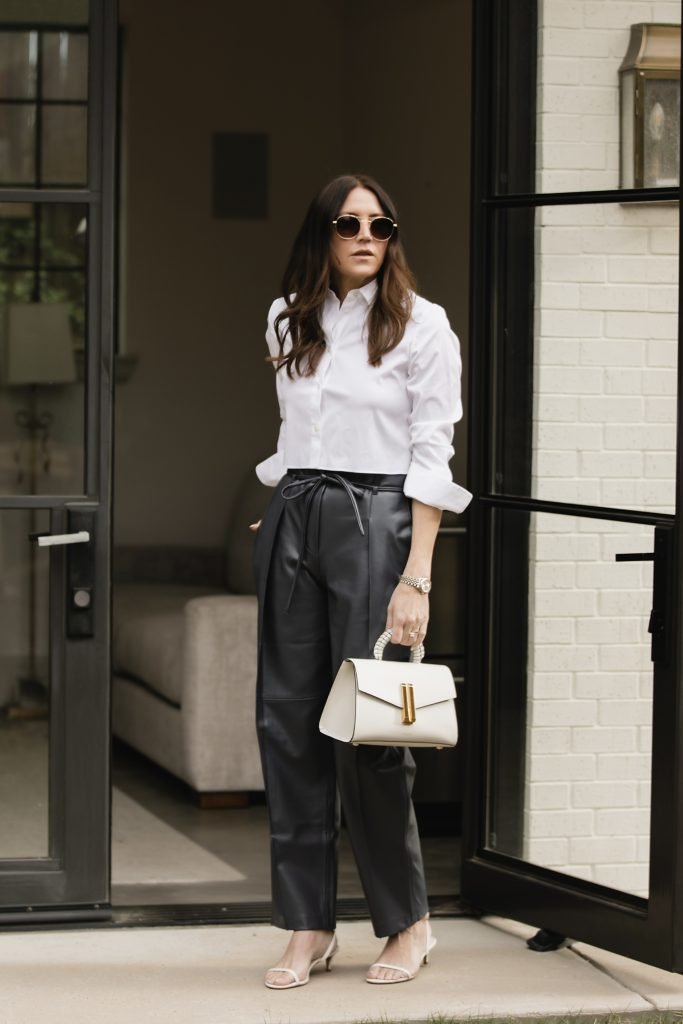 Leather pants and button down outfit idea
