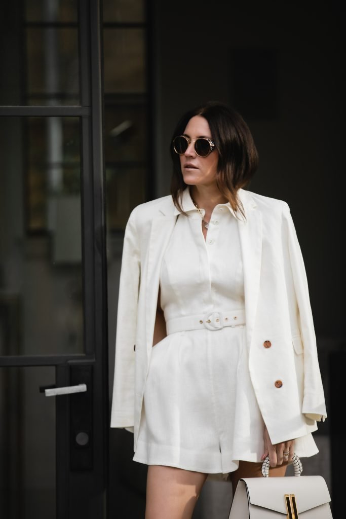 romper and white blazer spring date night outfits