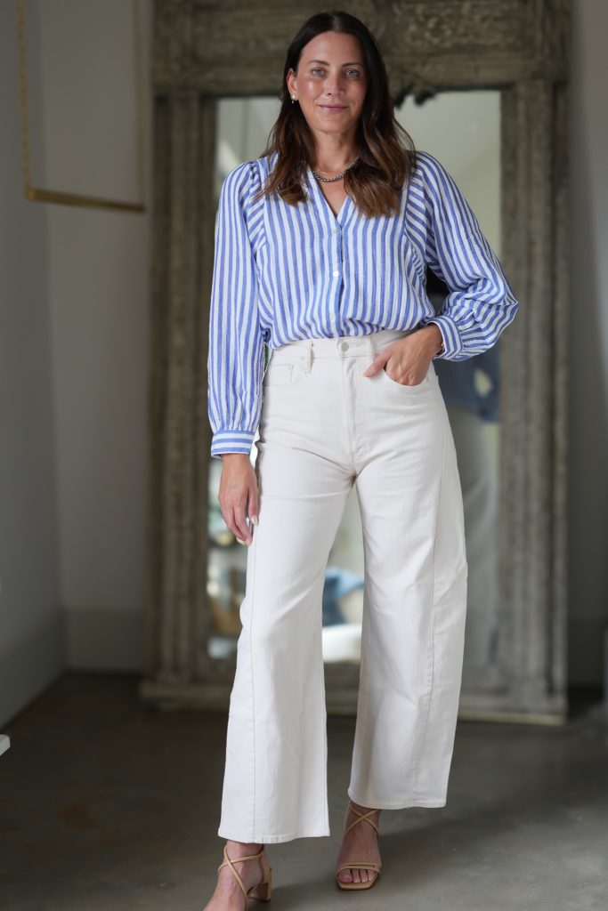 blue and white Striped Linen Top and Cream Jeans