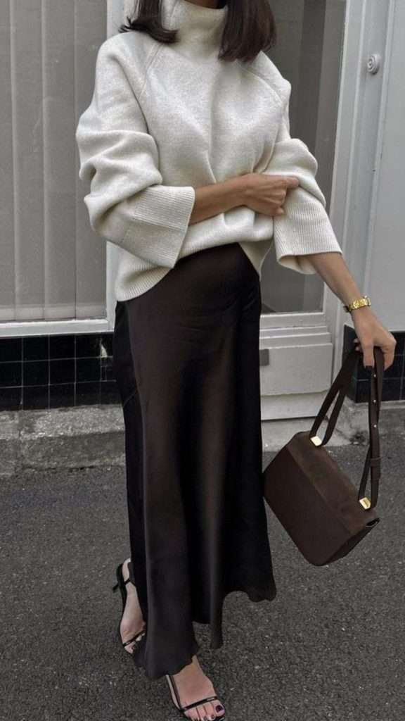 White Sweater With Black Satin Skirt White Sweater With Black Satin Skirt