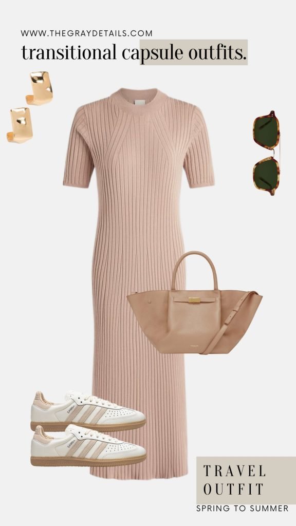Rib Knit Dress Travel Outfit | Transitional capsule outfits from spring to summer