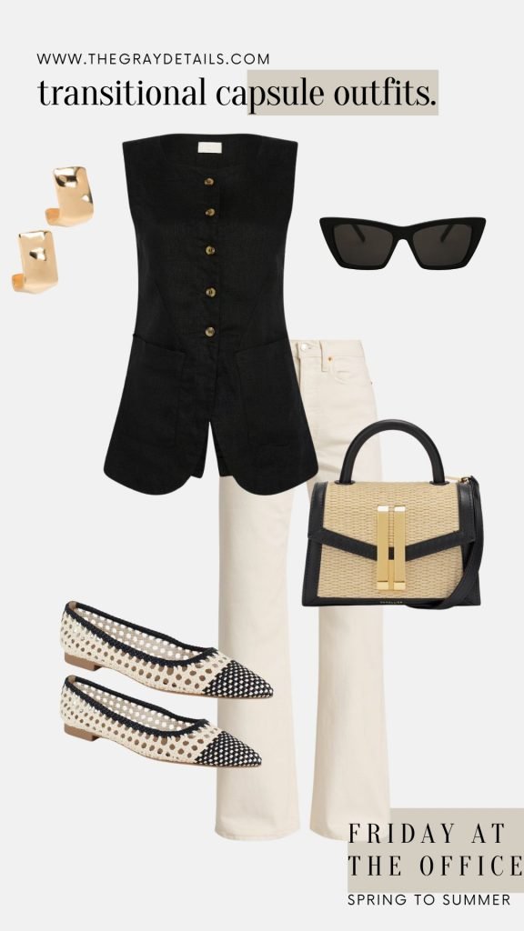Black Vest and White Jeans Office Outfit