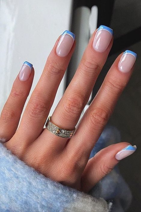 blue french tip Nails | Short Square French nails