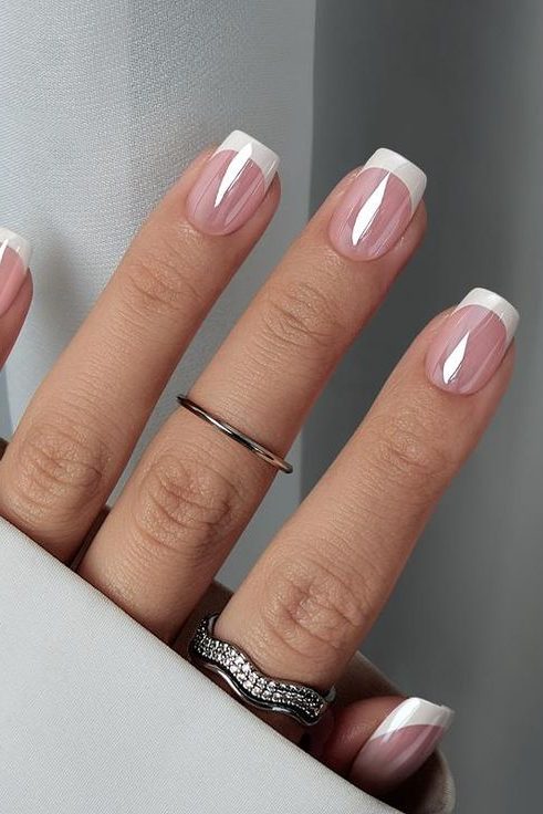 Glazed short square french tip Nails