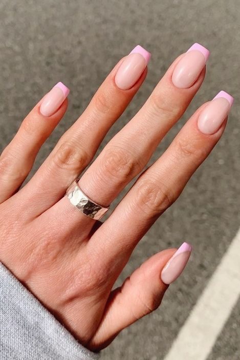 pink short square french tip Nails
