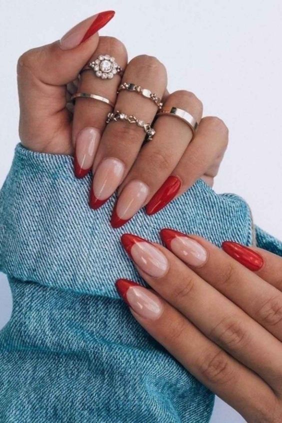 almond french tip red Nails