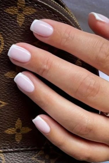 milky white short square french tip Nails