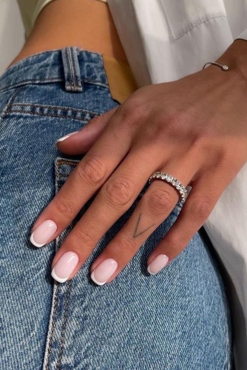 milky white short square french tip Nails