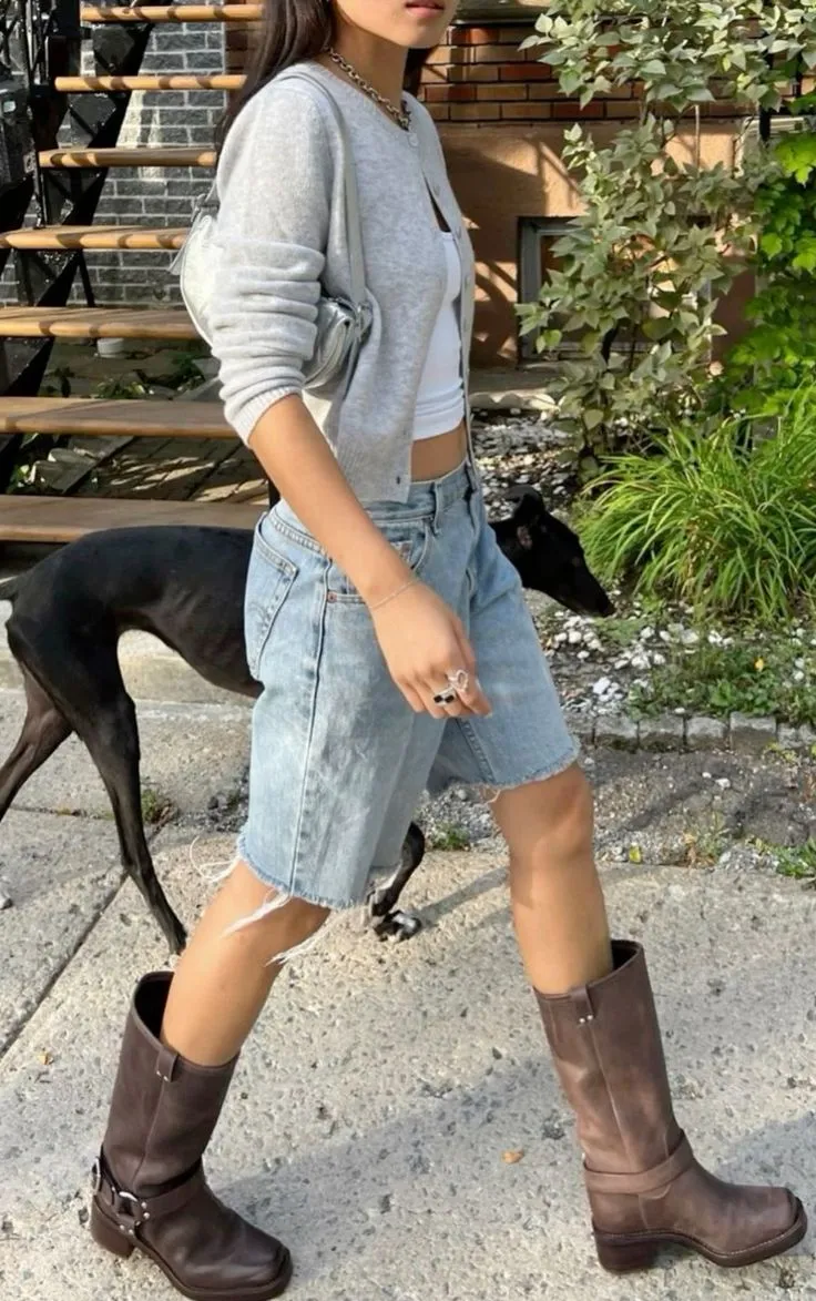 biker boots and jean shorts outfits