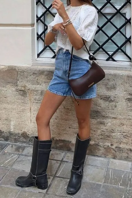 biker boots and jean shorts outfits