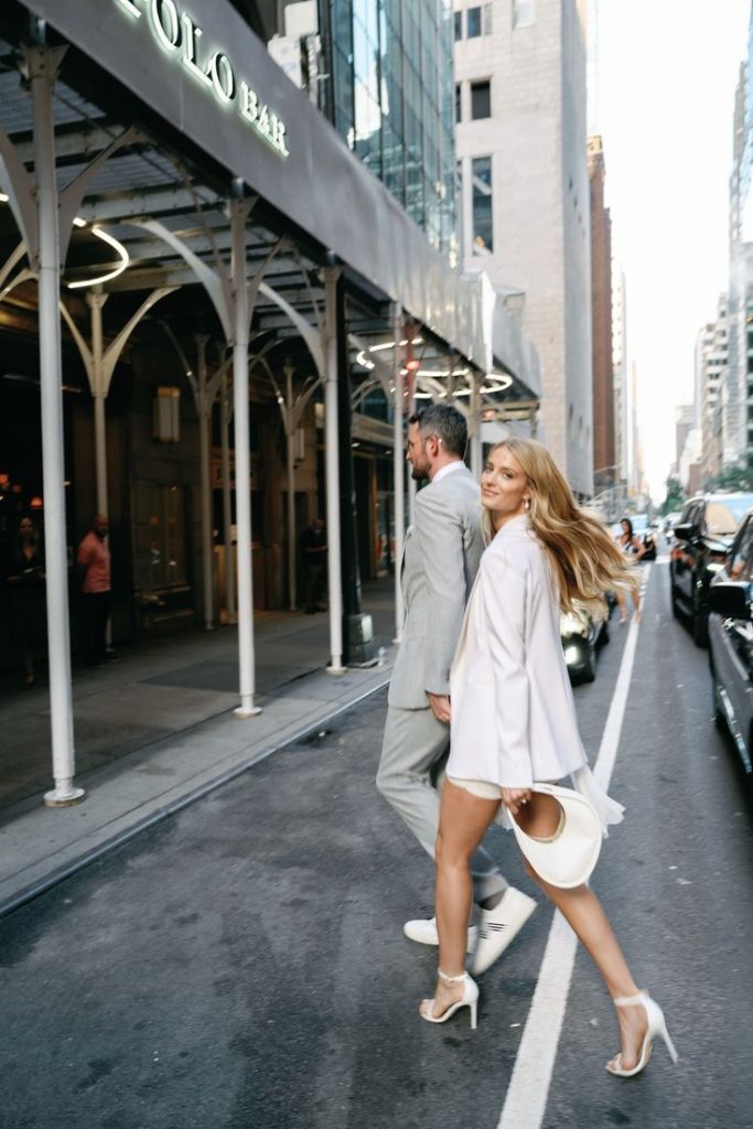 White Blazer + White mini dress Engagement Photo Outfits