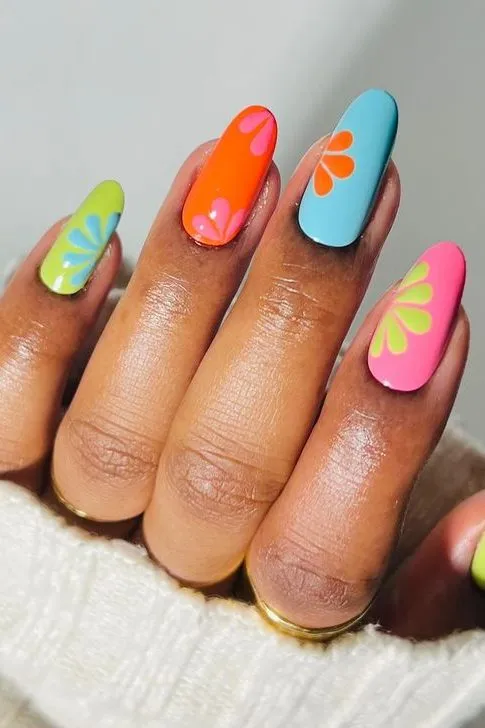 neon floral nail art