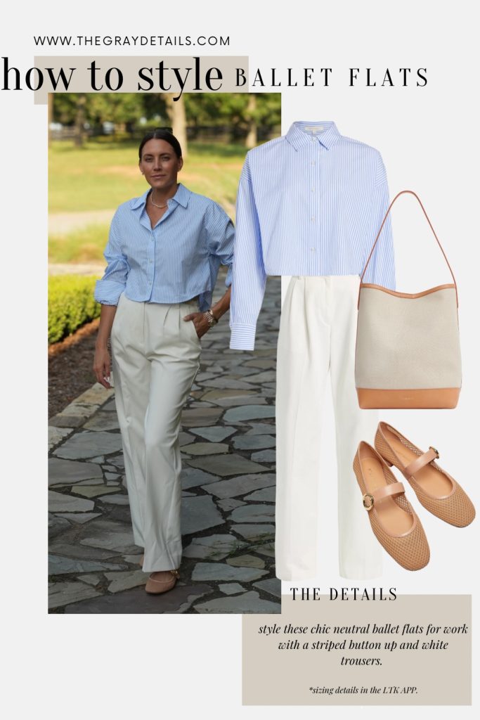 how to style ballet flats with button up and trousers outfit