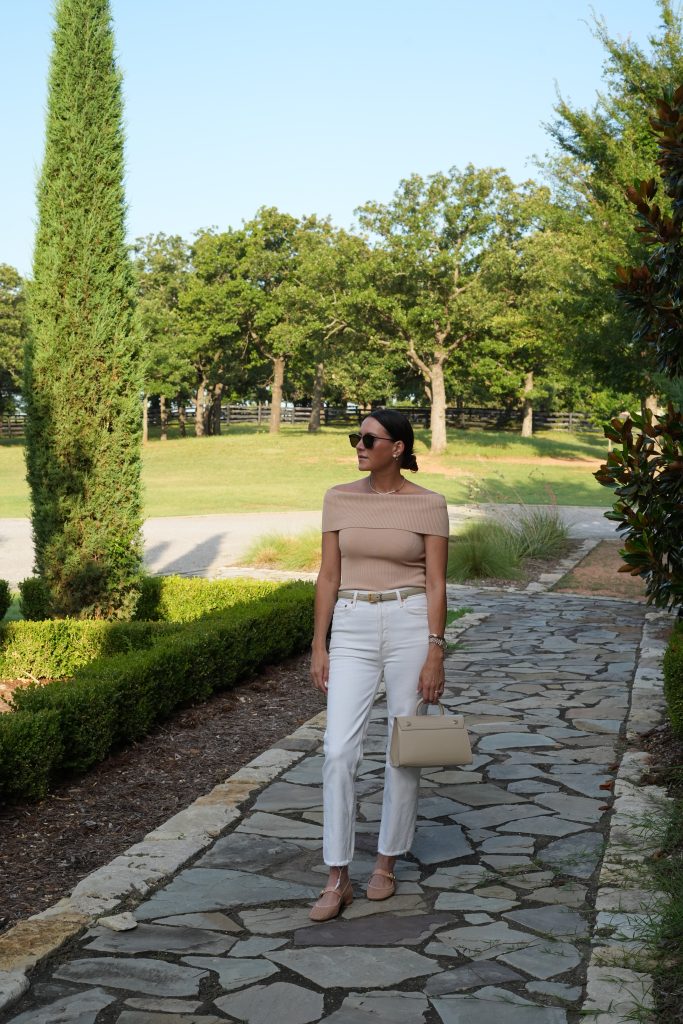 off the shoulder top and white jeans