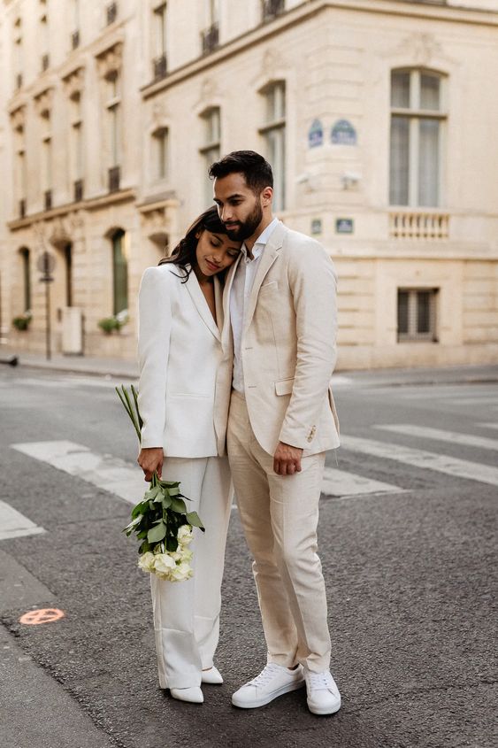 white blazer and trousers Engagement Photo Outfits