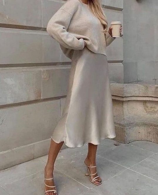 cream slip skirt and sweater outfit idea