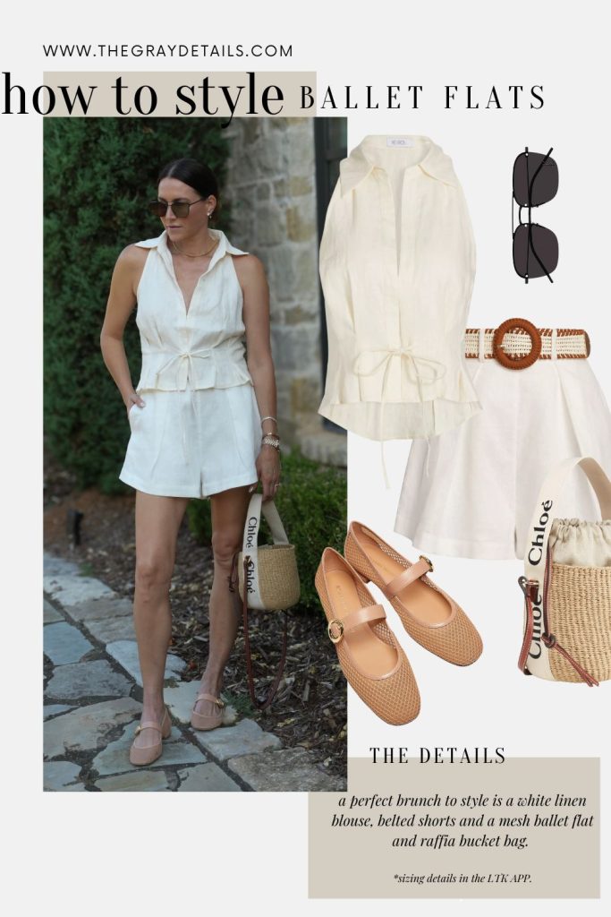 how to style ballet flats with linen shorts and blouse