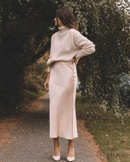 slip skirt and sweater outfit