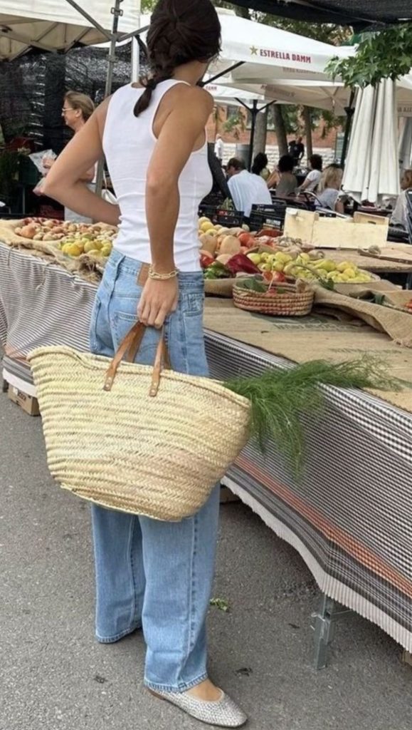 denim and white tank outfit