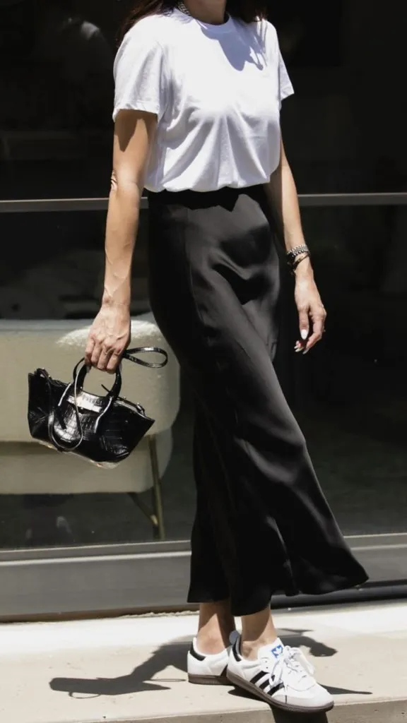 Black Slip Skirt and Sneakers Outfits for Moms