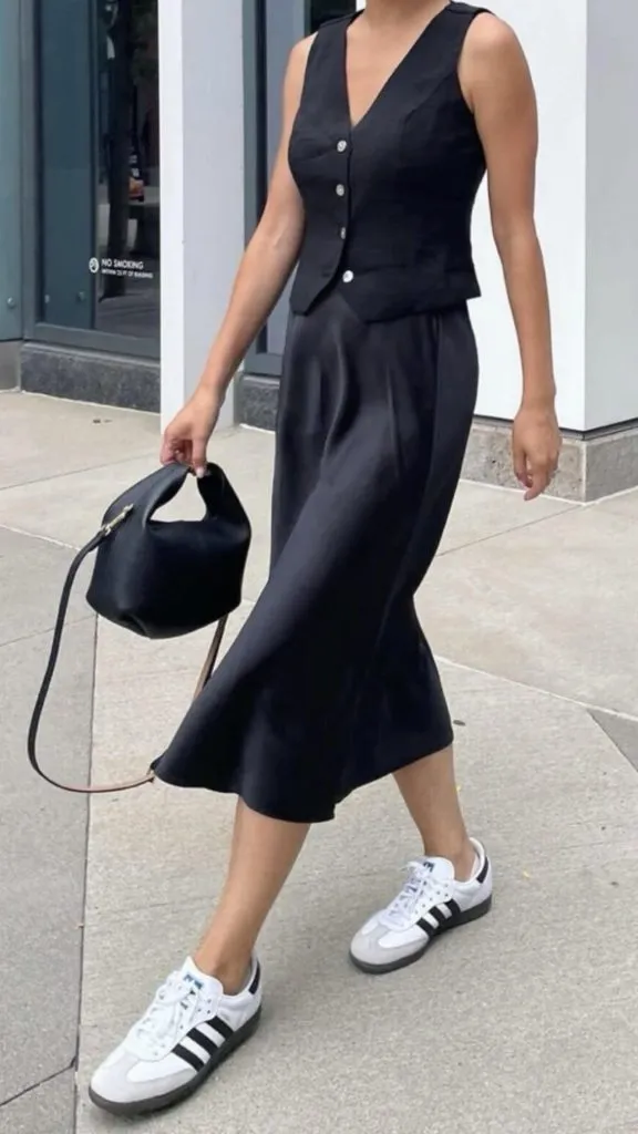 Black Slip Skirt and Sneakers Outfits