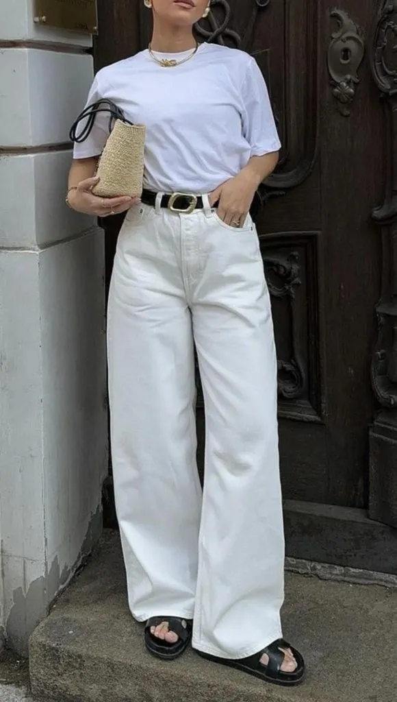 White jeans outfit for moms on the go
